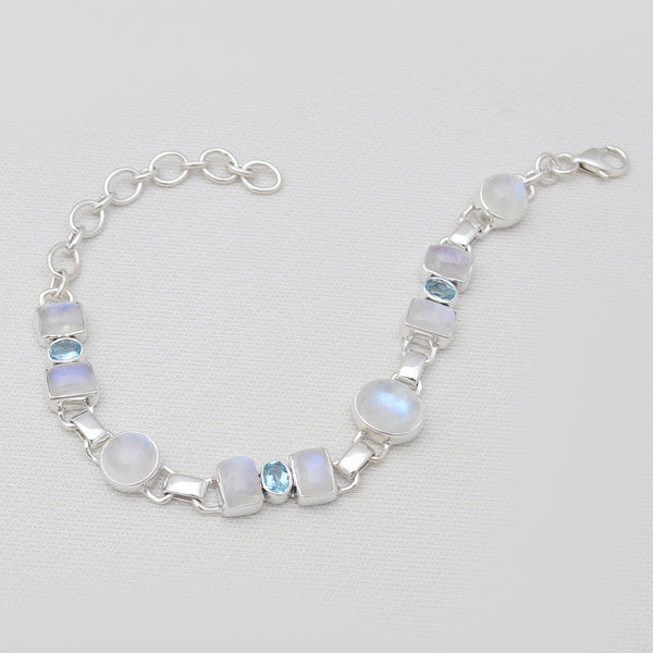 Rainbow Moonstone & Blue Topaz Silver Bracelets