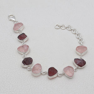 Raw Garnet & Rose Quartz Silver Bracelets