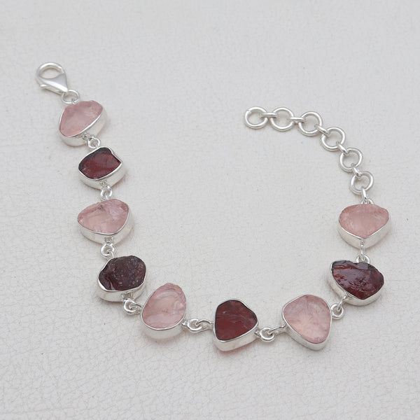 Raw Garnet & Rose Quartz Silver Bracelets