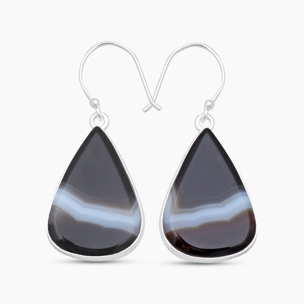 Black Banded Agate Silver Earrings