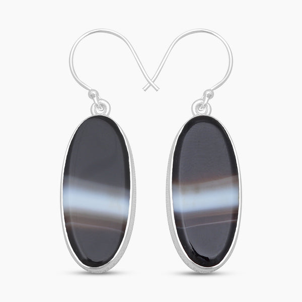 Black Banded Agate Silver Earrings