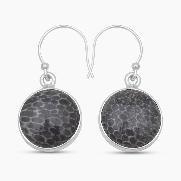 Natural Black Coral Silver Earrings