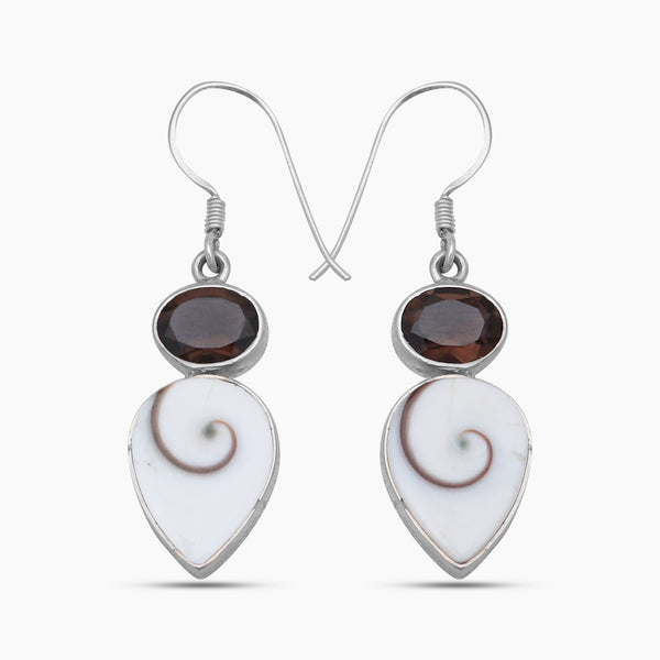 Shiva Eye Shell & Smoky Quartz Silver Earrings
