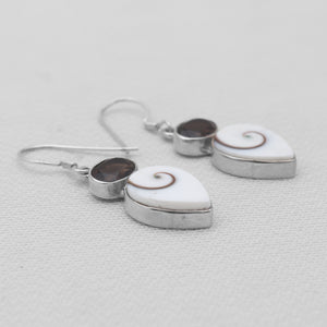 Shiva Eye Shell & Smoky Quartz Silver Earrings