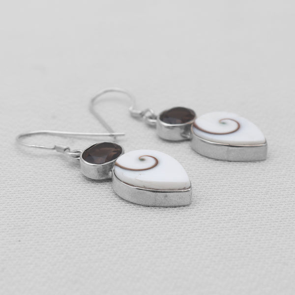 Shiva Eye Shell & Smoky Quartz Silver Earrings