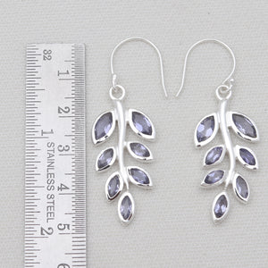 Blue Iolite Gemstone Silver Leaf Earrings