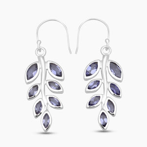 Blue Iolite Gemstone Silver Leaf Earrings