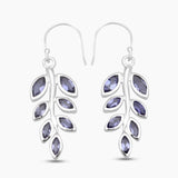 Blue Iolite Gemstone Silver Leaf Earrings