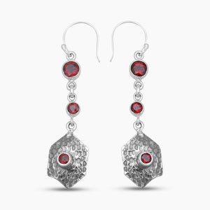 Vintage Hammered Silver Garnet Drop Earrings