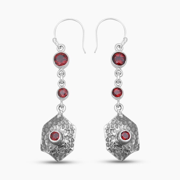 Vintage Hammered Silver Garnet Drop Earrings
