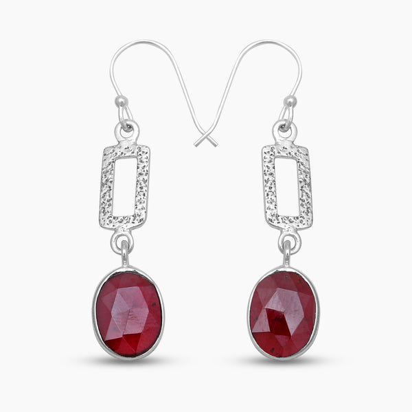 Checker Cut Garnet Silver Drop Earrings