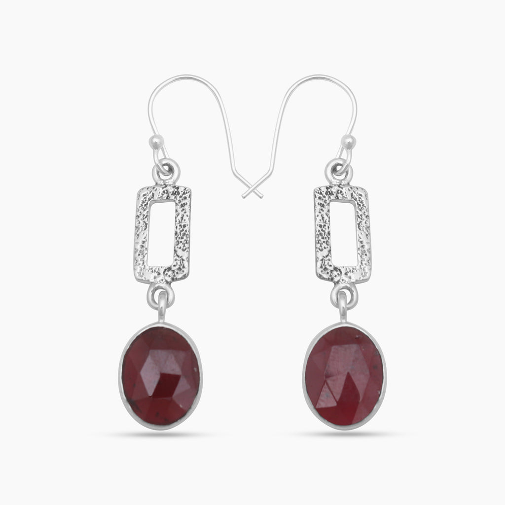 Checker Cut Garnet Silver Drop Earrings