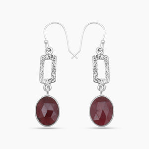 Checker Cut Garnet Silver Drop Earrings