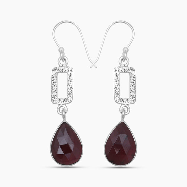 Checker Cut Garnet Silver Drop Earrings