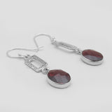 Checker Cut Garnet Silver Drop Earrings