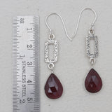 Checker Cut Garnet Silver Drop Earrings