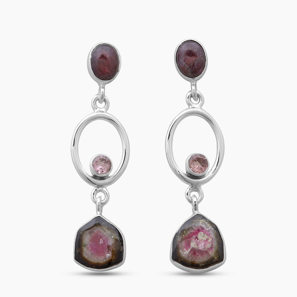 Watermelon Tourmaline Silver Women Earrings