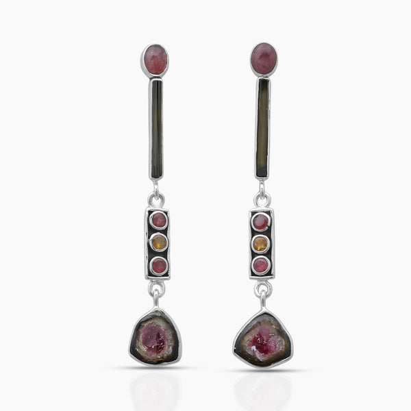 Watermelon Tourmaline Silver Earrings