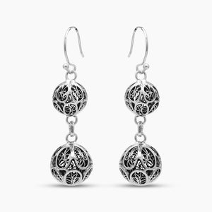 925 Silver Filigree Double Bead Drop Earrings