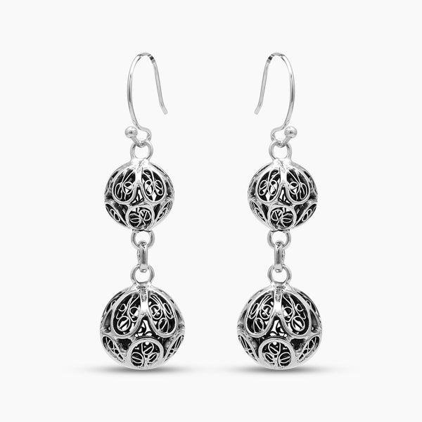 925 Silver Filigree Double Bead Drop Earrings