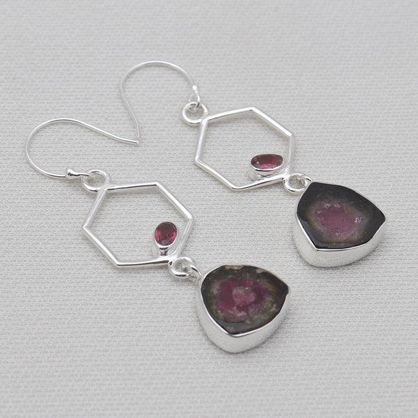 Watermelon Tourmaline Silver Earrings