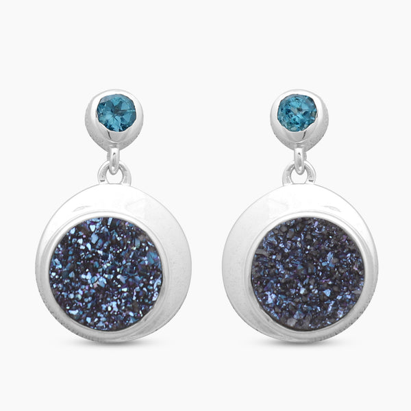 Rainbow Druzy & Smoky Quartz Silver Earrings