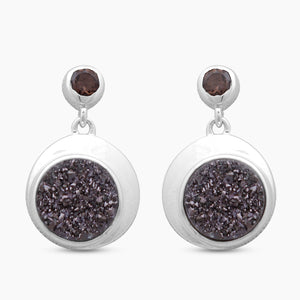 Rainbow Druzy & Smoky Quartz Silver Earrings
