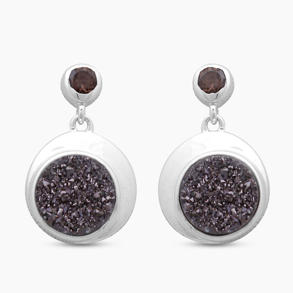 Rainbow Druzy & Smoky Quartz Silver Earrings
