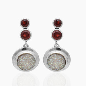 Garnet & Rainbow Druzy Silver Earrings