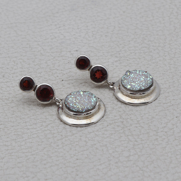 Garnet & Rainbow Druzy Silver Earring