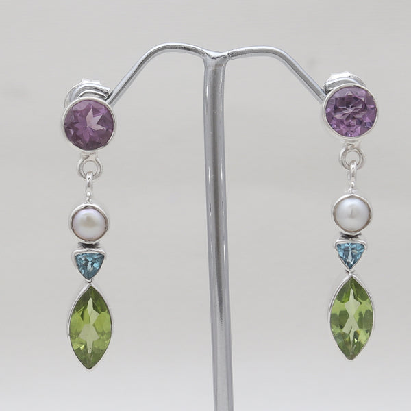 Multi Stone Silver Earrings