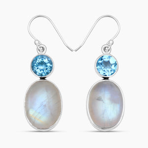 Rainbow Moonstone & Blue Topaz Silver Earrings