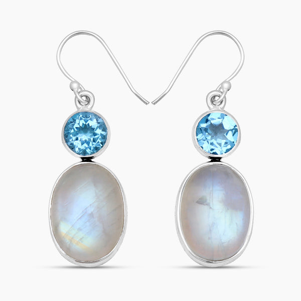 Rainbow Moonstone & Blue Topaz Silver Earrings