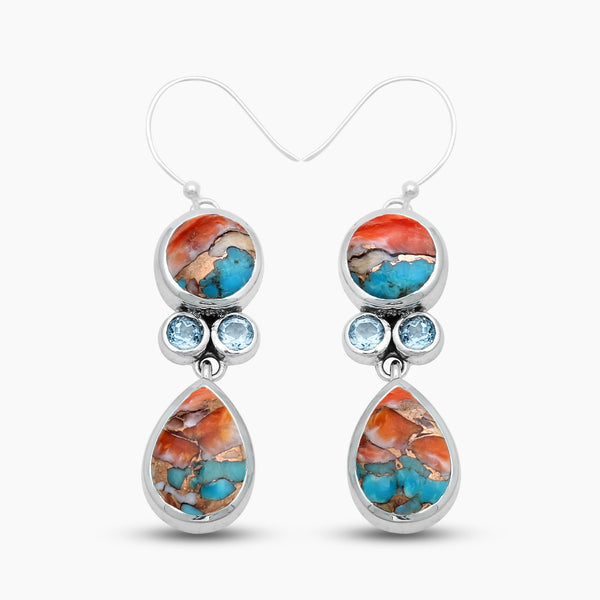 Turquoise Spiny Oyster Silver Dangle Earrings