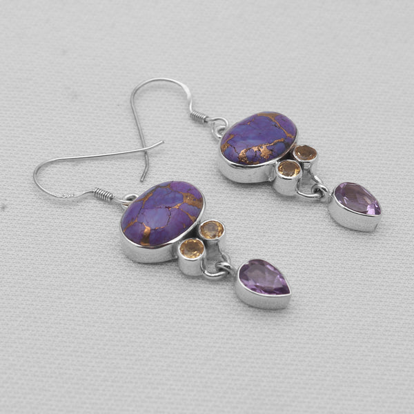 Purple Turquoise Silver Dangle Earrings