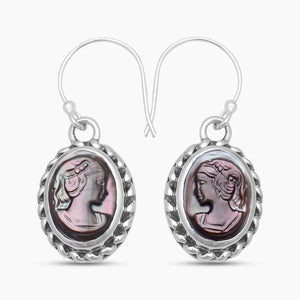 Carved Shell Design Silver Cameo Earrings