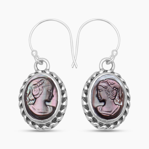 Carved Shell Design Silver Cameo Earrings