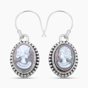 Carved Shell Design Silver Cameo Earrings