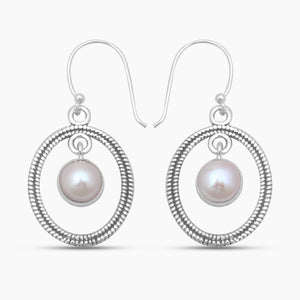 925 Sterling Silver Pearl Drop Hoop Earrings