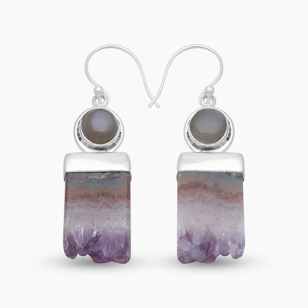 Natural Amethyst Slice Silver Earrings
