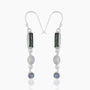Rainbow Moonstone & Tourmaline Silver Earring