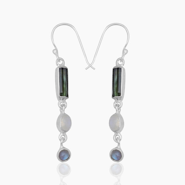 Rainbow Moonstone & Tourmaline Silver Earring