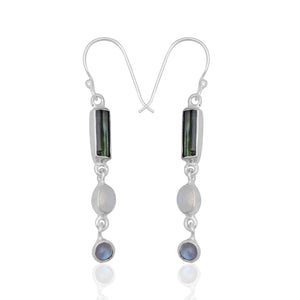 Rainbow Moonstone & Tourmaline Silver Earring