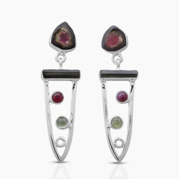 Multicolor Watermelon Tourmaline Silver Earrings
