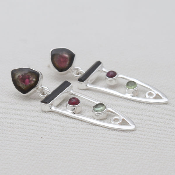 Multicolor Watermelon Tourmaline Silver Earrings