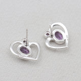 Amethyst Silver Stud Heart Earrings
