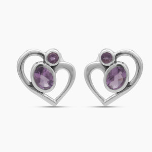 Amethyst Silver Stud Heart Earrings