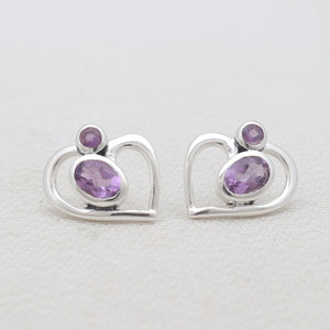 Amethyst Silver Stud Heart Earrings