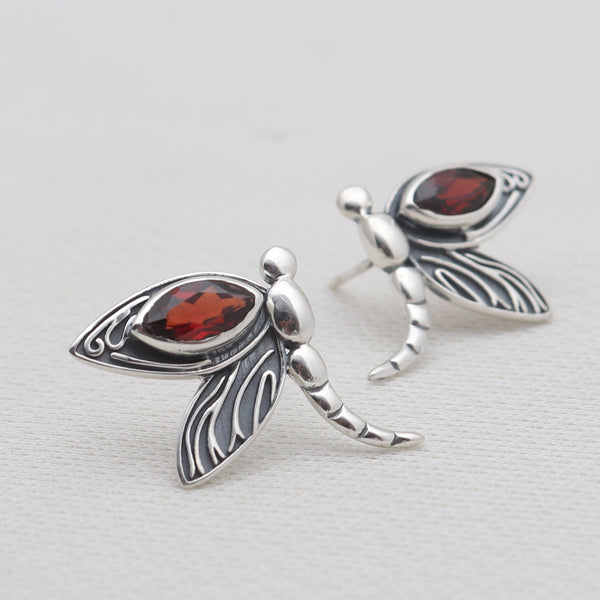 925 Sterling Silver Butterfly Garnet Earrings
