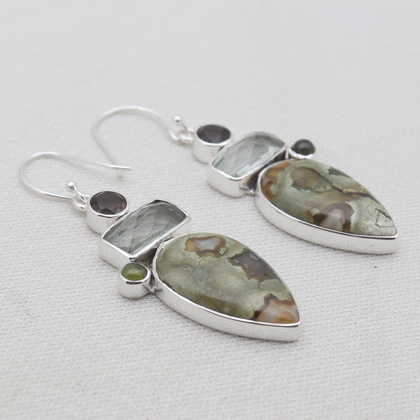Rainforest Jasper With Multistone Silver Earrings